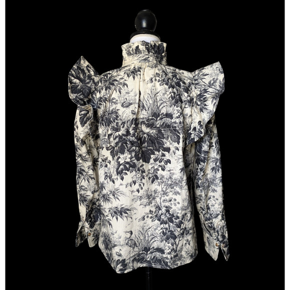 Tuckernuck Noir Cypress Toile Ruffle Winnie Blouse Top Size Small Black Cream - Picture 2 of 7